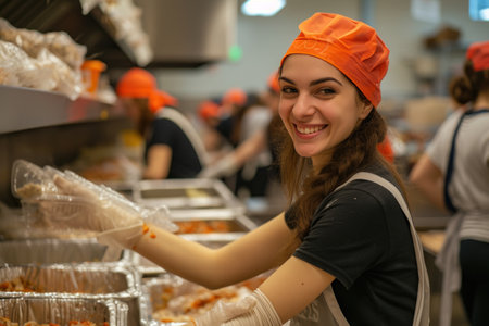 Happy volunteer woman working in a charitable foundation. Portrait of a pretty young woman looking at the camera and smiling.の素材