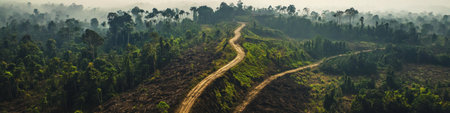 Aerial view of rainforest deforestation, showing the impact of clearing land for palm oil and rubber plantations.の素材