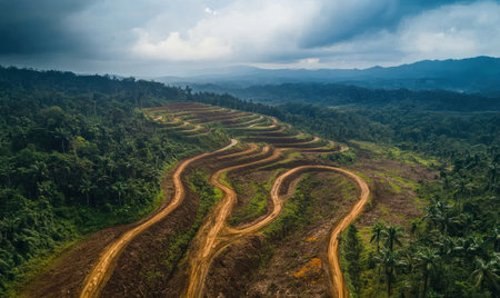 Aerial view of rainforest deforestation, showing the impact of clearing land for palm oil and rubber plantations.の素材