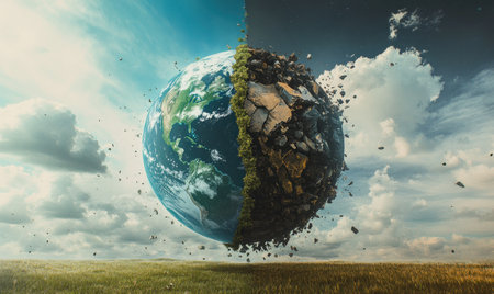 Earth split into two halves. The composition highlights the contrast between ecological balance and destruction.の素材