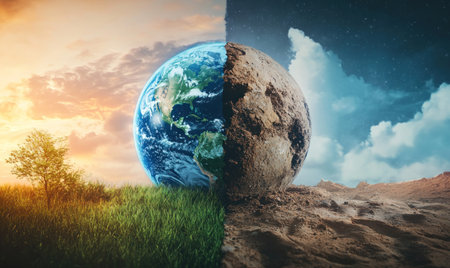 Earth split into two halves. The composition highlights the contrast between ecological balance and destruction.の素材