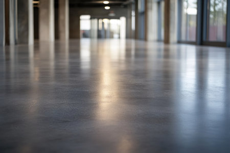 Textured concrete floor, modern industrial look, variations in tone and finish.の素材