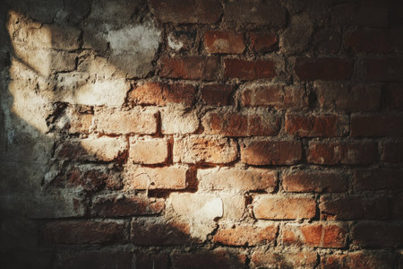 Damaged red brick wall, aged and worn texture, rustic background.の素材