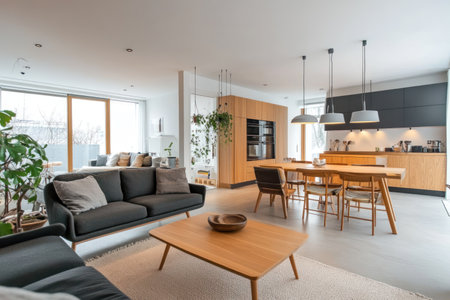 Contemporary Scandinavian loft featuring sleek lines, wooden accents.の素材