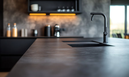 Close-up of modern dark kitchen counters, featuring sleek surfaces. Minimalist design.の素材