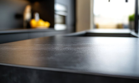 Close-up of modern dark kitchen counters, featuring sleek surfaces. Minimalist design.の素材