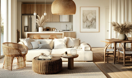 Cozy living room with Scandinavian style, rattan ceiling lamp, wooden furniture.の素材