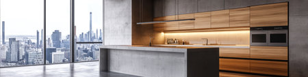 Contemporary kitchen design with a mix of wood and concrete, spacious island, and cityscape visible through the window.の素材
