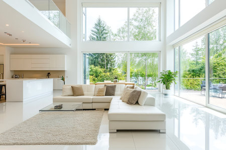 Bright white room with large windows, modern furniture, and open feel.の素材