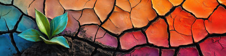 Global warming concept. Plant growing in dried, cracked mud, symbolizing the contrast between life and desolation.の素材