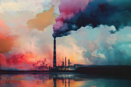 Surreal artwork of a factory chimney emitting thick smoke. Global warming concept.の素材