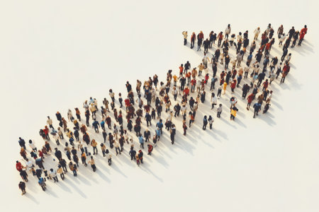 Large group of people arranged to form the shape of an upward-pointing arrow. Concept direction, progress, or collective effort towards a common goal.の素材