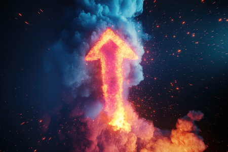 Explosion with an arrow up, symbolizing global business growth.の素材