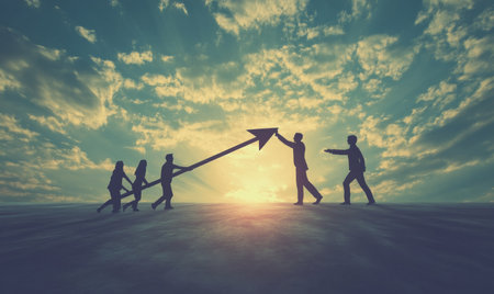 Team pulling up an arrow, symbolizing the concept of business growth and teamwork, set against a dynamic background with ample copy space.の素材