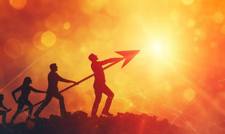Team pulling up an arrow, symbolizing the concept of business growth and teamwork, set against a dynamic background with ample copy space.の素材