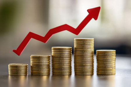 Graphical representation of financial growth. Stacks of gold coins and red arrow. Concept positive financial progress or investment returns.の素材