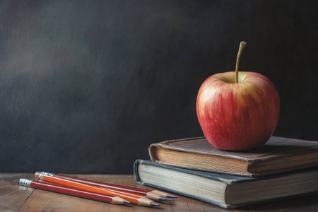 School teacher's desk with apple, stack of books, pencils and chalkboard on background.の素材