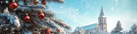 Festive winter landscape, featuring a decorated pine tree with red ornaments, blue sky, and church in the background.の素材