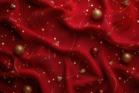 Christmas red background with red and gold decorations.の素材