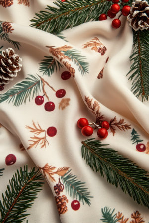 Christmas minimalist design backdrop. Pine branch, red and green colors.の素材