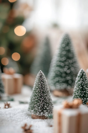 Christmas-themed product mockup space with a blurred background. Christmas trees and gift boxes.の素材