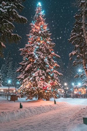 Christmas tree blanketed in snow in the serene snowy forest. Twinkling lights and ornaments, magical winter scene.の素材