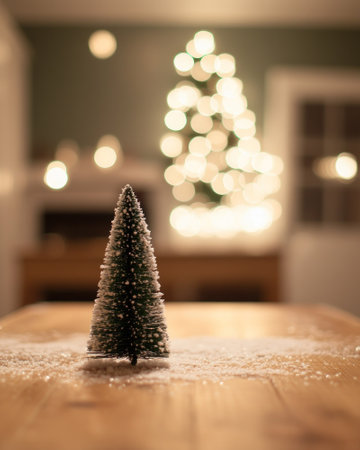 Christmas tree with snow on a wooden table. Blurred background, soft, cozy atmosphere with warm, dark colors and bokeh lights.の素材