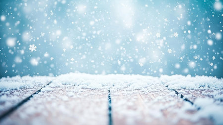 Snowy wooden surface with falling snowflakes against a soft blue background.の素材