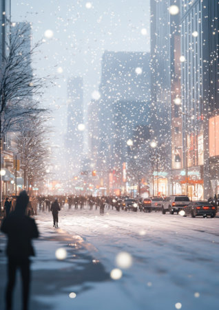 Snowfall on a bustling city street with illuminated billboards and a hazy winter atmosphere.の素材