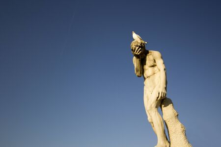 Bird sitting on a statue doing face palmの写真素材