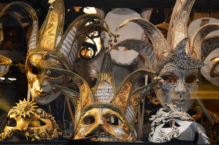 Authentic handmade venetian carnival face masks for party or masquerade realistic in sale, Venice, Italyの写真素材