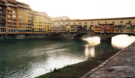 Beautiful view of Ponte Vecchio bridge over River Arno, Florence, Italyのeditorial素材