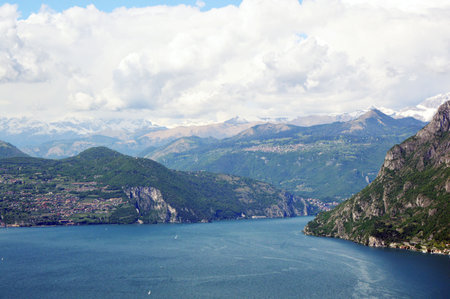 Lake panorama from Monte Isola. Italian landscape. Island on lake. View from the island Monte Isola on Lake Iseo, Italyのeditorial素材