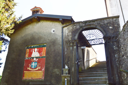 MONTE ISOLA, ITALY - MAY 13, 2017: Facade of the sanctuary Sanctuary of the Madonna della Ceriola in Monte Isola on Lake Iseo, Italyのeditorial素材