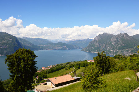Lake panorama from Monte Isola. Italian landscape. Island on lake. View from the island Monte Isola on Lake Iseo, Italyのeditorial素材