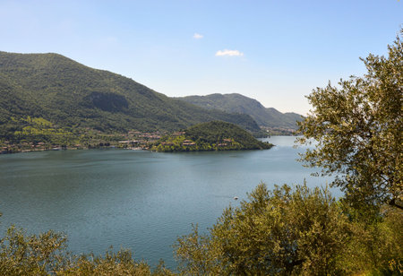 Lake panorama from Monte Isola. Italian landscape. Island on lake. View from the island Monte Isola on Lake Iseo, Italyのeditorial素材