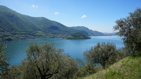 Lake panorama from Monte Isola. Italian landscape. Island on lake. View from the island Monte Isola on Lake Iseo, Italyのeditorial素材