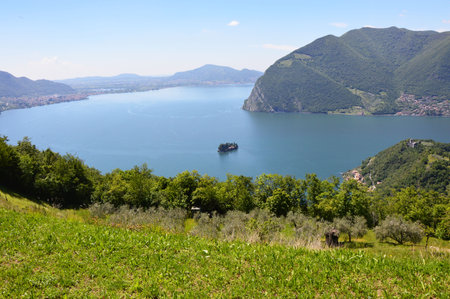 Lake panorama from Monte Isola. Italian landscape. Island on lake. View from the island Monte Isola on Lake Iseo, Italyのeditorial素材