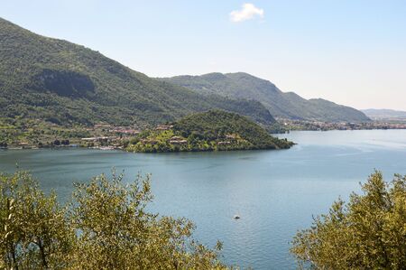 Lake panorama from Monte Isola, Lake Iseo, Italyの写真素材