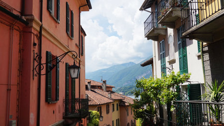 BELLAGIO, ITALY - MAY 14, 2017: tourists in Salita Serbelloni picturesque small town street view in Bellagio, Lake Como, Italyのeditorial素材
