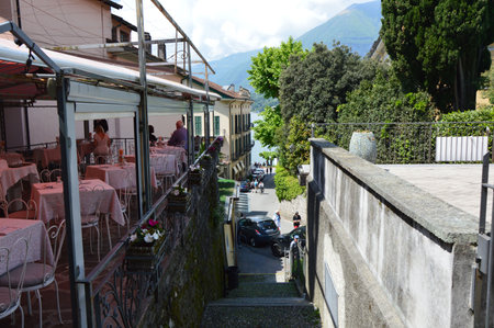 BELLAGIO, ITALY - MAY 14, 2017: tourists in picturesque small town street view in Bellagio, Lake Como, Italyのeditorial素材
