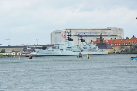 COPENHAGEN, DENMARK - MAY 31, 2017: HDMS Peder Skram F352 was a Peder Skram-class frigate in the Royal Danish Navy which was in use until 1990. It is now docked at Holmen in Copenhagen, Denmarkのeditorial素材