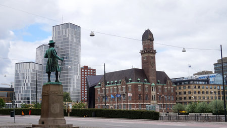 MALMO, SWEDEN - MAY 31, 2017: view of the statue of Swedish businessman Frans Suell keep watch on Malmo city from Norra Vallgatan street, Malmo, Swedenのeditorial素材