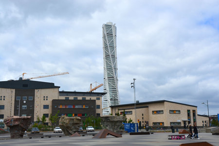 MALMO, SWEDEN - MAY 31, 2017: Turning Torso designed by Santiago Calatrava is the tallest building in Scandinavia, located on Öresund strait, is considered the first twisted skyscraper in the worldのeditorial素材