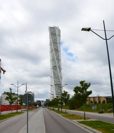 MALMO, SWEDEN - MAY 31, 2017: Turning Torso designed by Santiago Calatrava is the tallest building in Scandinavia, located on Öresund strait, is considered the first twisted skyscraper in the worldのeditorial素材