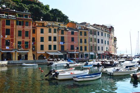 PORTOFINO, ITALY - JUNE 13, 2017: The beautiful Portofino panorama with colorful houses, luxury boats and yacht in little bay harbor. Liguria, Italyのeditorial素材