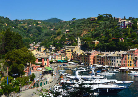 PORTOFINO, ITALY - JUNE 13, 2017: spectacular panorama of Portofino town with its harbor with yachts and boats, Portofino, Liguria, Italyのeditorial素材
