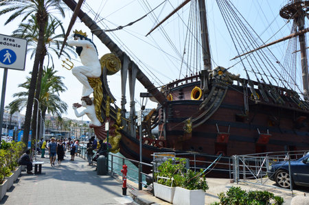 GENOA, ITALY - JUNE 15, 2017: Galleon Neptun in Porto antico in Genoa, Italy. It is a ship replica of a 17th century Spanish galleon built in 1985 for Roman Polanski's film Pirates.のeditorial素材