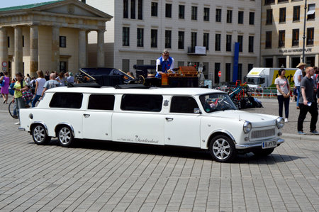 Vintage limousine Trabi XXL from the Trabant in Pariser platz square, Berlin, Germanyのeditorial素材