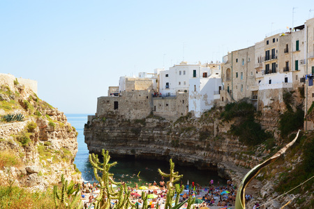 Aerial view of Polignano a mare beach and cliffs, Apulia, southern Italyの写真素材
